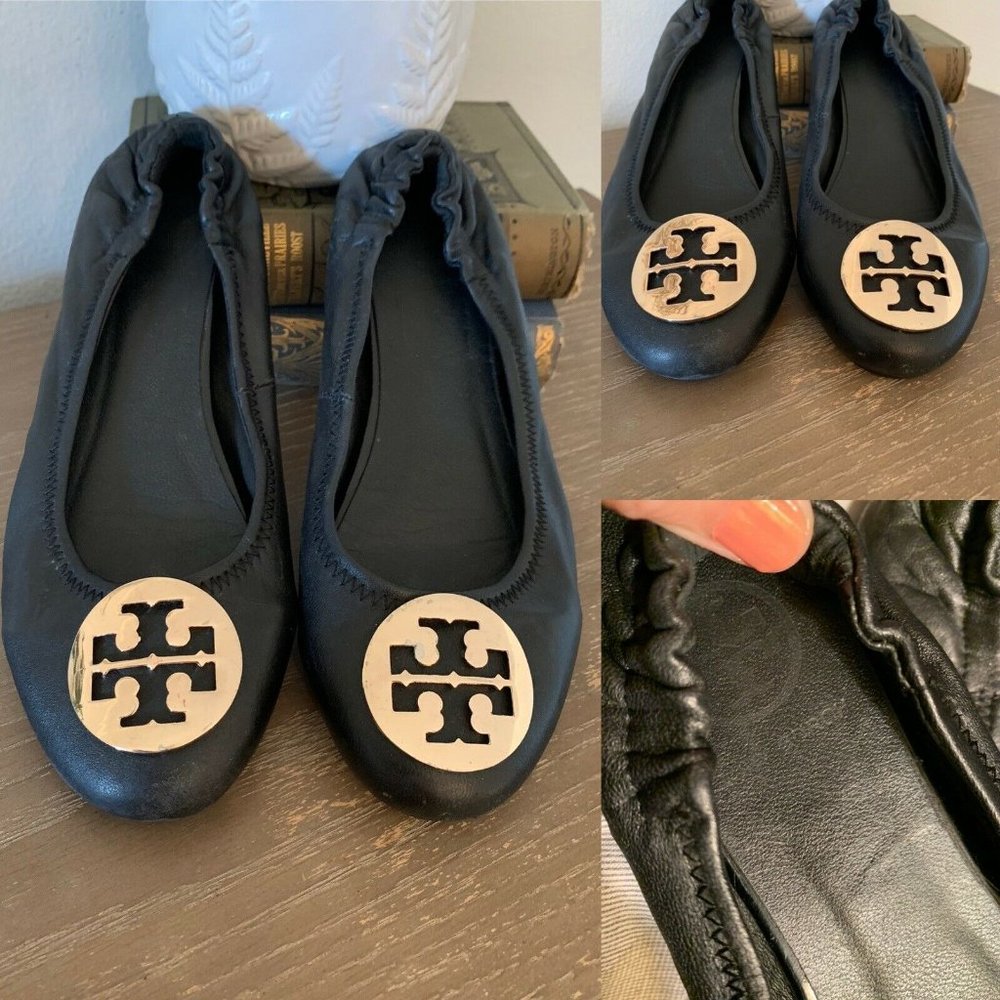 Tory Burch Minnie Travel Ballet Flats size 7 Logo designer leather slip on shoe